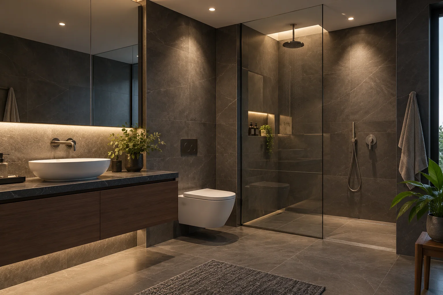 dark tile bathroom recessed led spotlighting