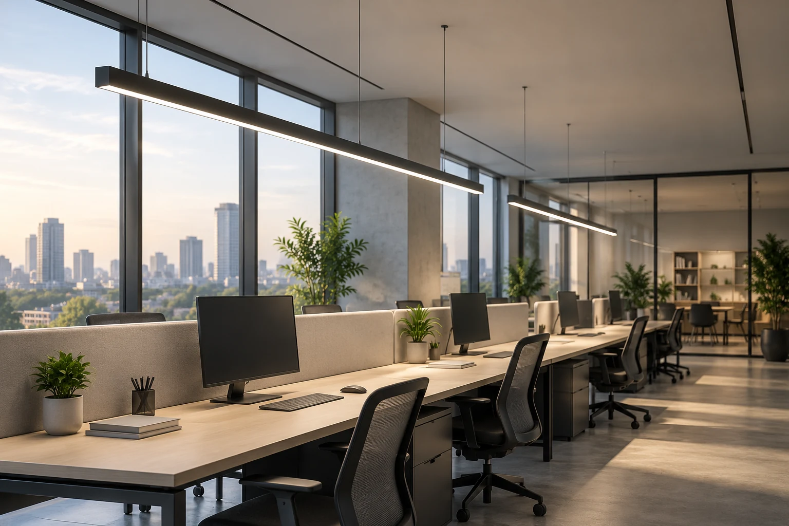 glass fronted office suspended linear led luminaires