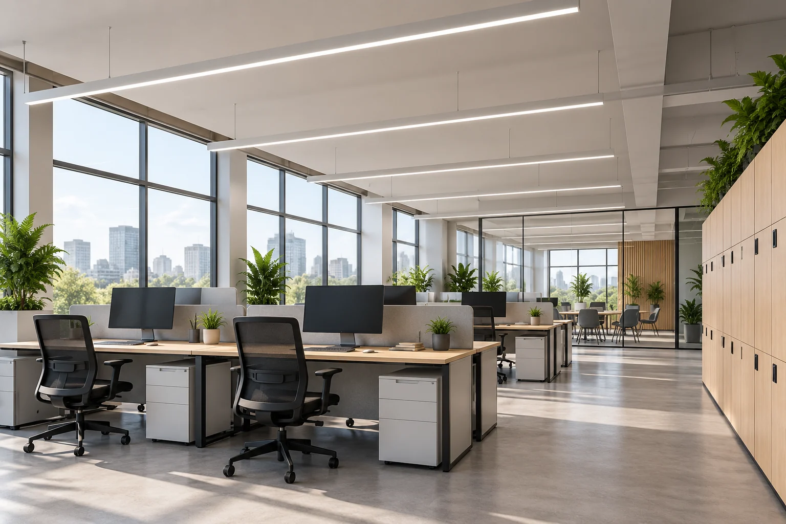open plan workplace linear led ceiling design