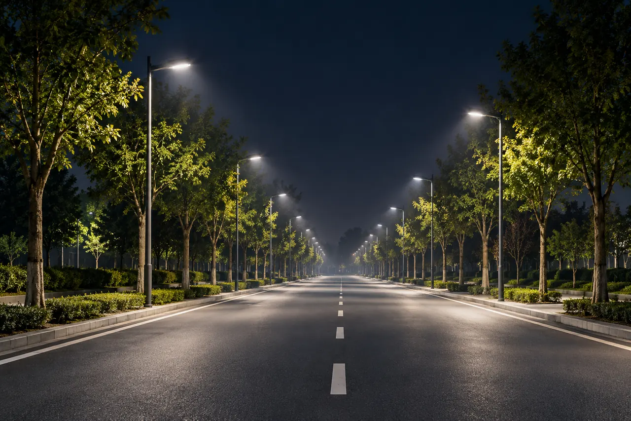 straight tree lined road led pole lighting