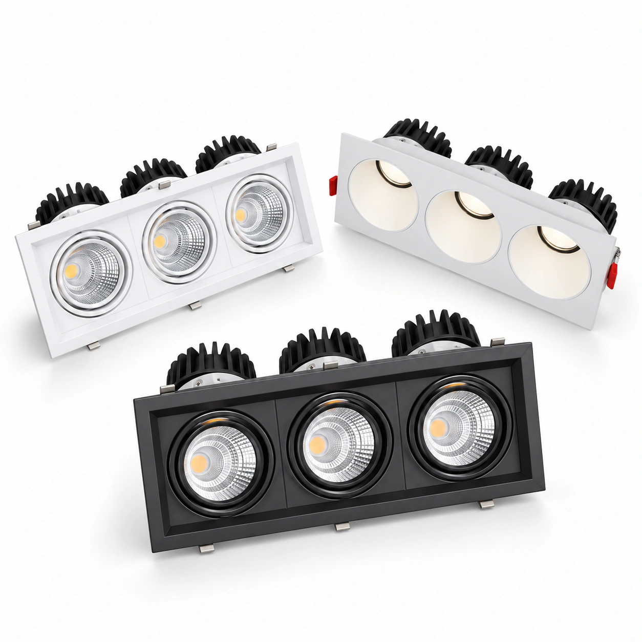 Obdélníkový downlight se třemi směrovatelnými moduly